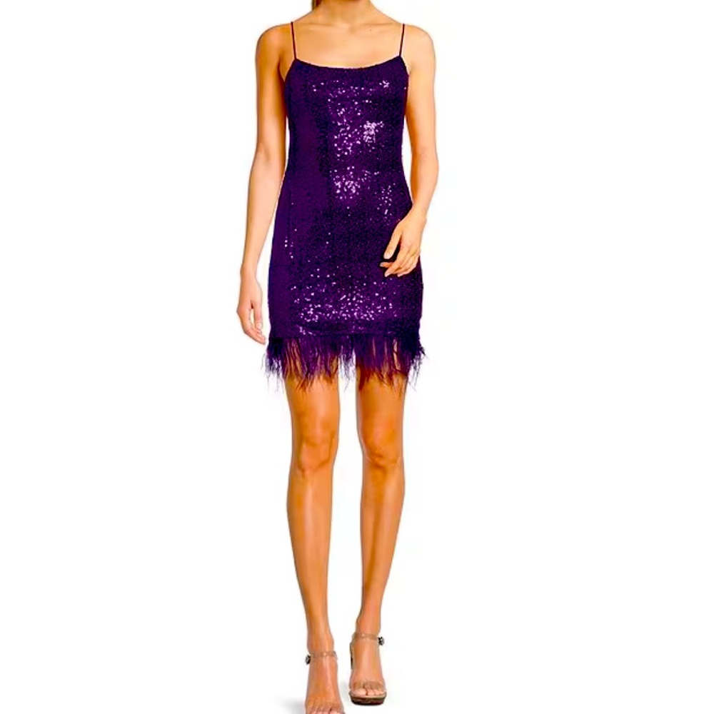 Glitter Sequin Feather Trim Hem Mini Dress. Runs small. This is YOUTH sizing.